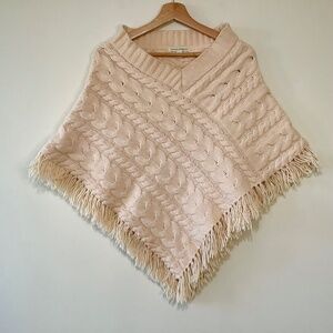 Banana Republic Wool Cape Poncho Cable Knit Fringe V Neck Triangle Ivory Pink